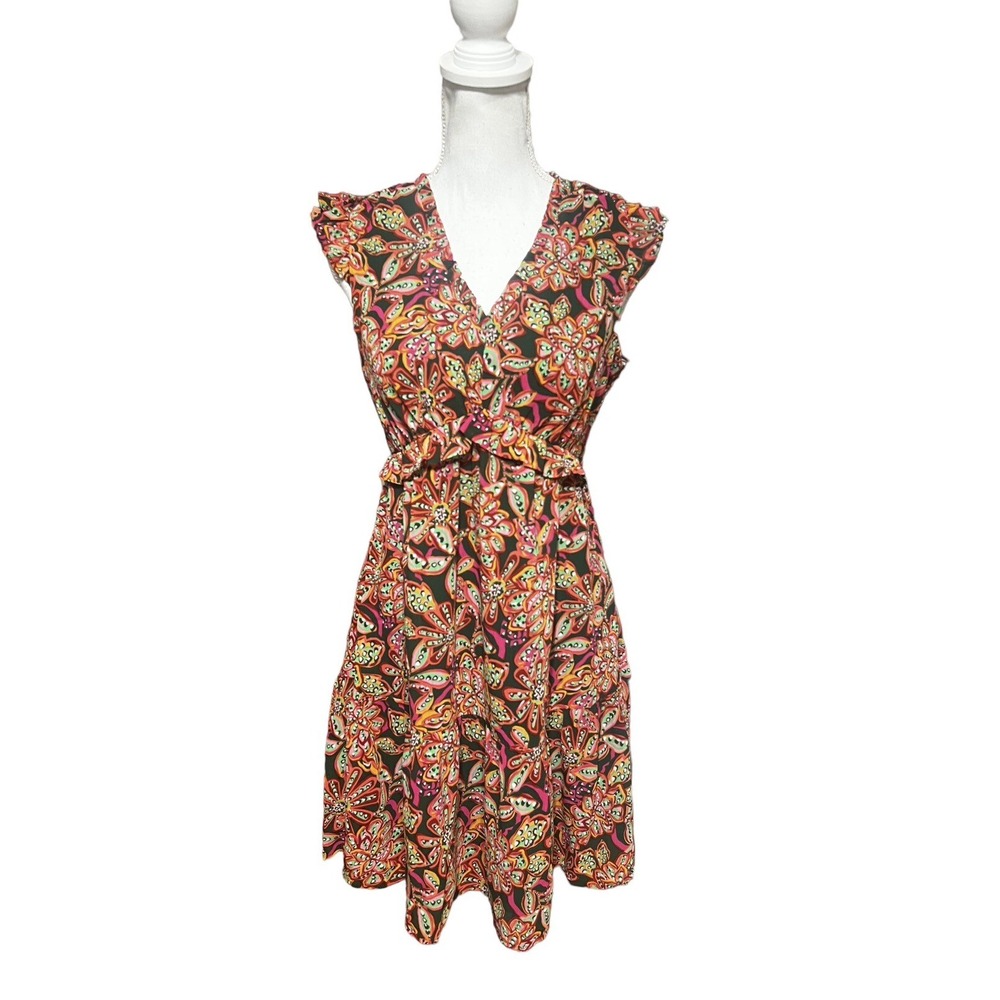 NWT J. Crew Ruffle V-Neck Mini Dress Red Pink Green Floral Size 2 BR357